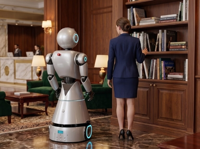 Está diseñado para operar como recepcionista y asistente de atención en espacios públicos y corporativos