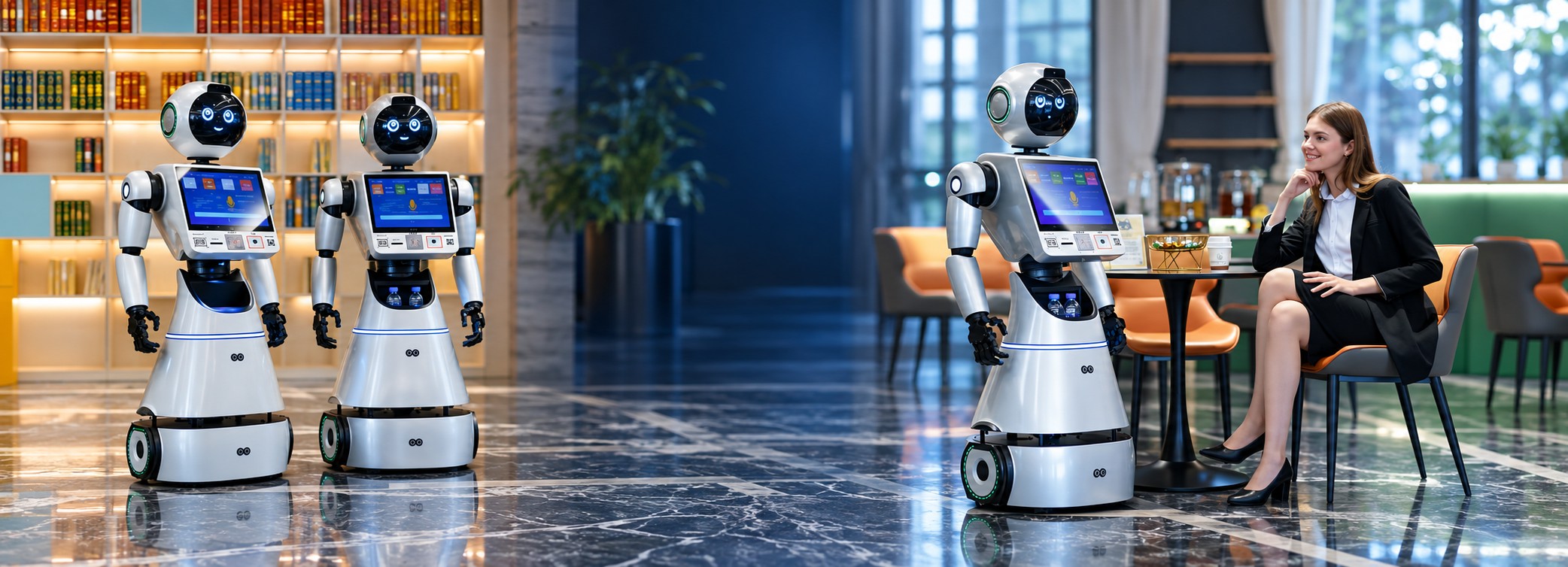 Robots de servicio en un espacio de atención al cliente